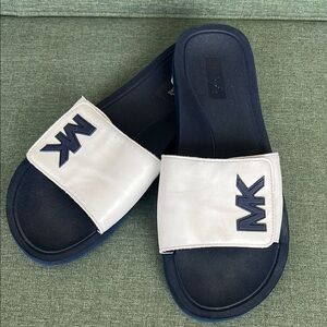 MK Logo Slide Sandals in White and Navy